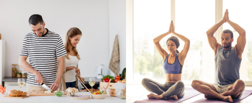 Foto con coppia di ragazzi che cucinano e fanno yoga