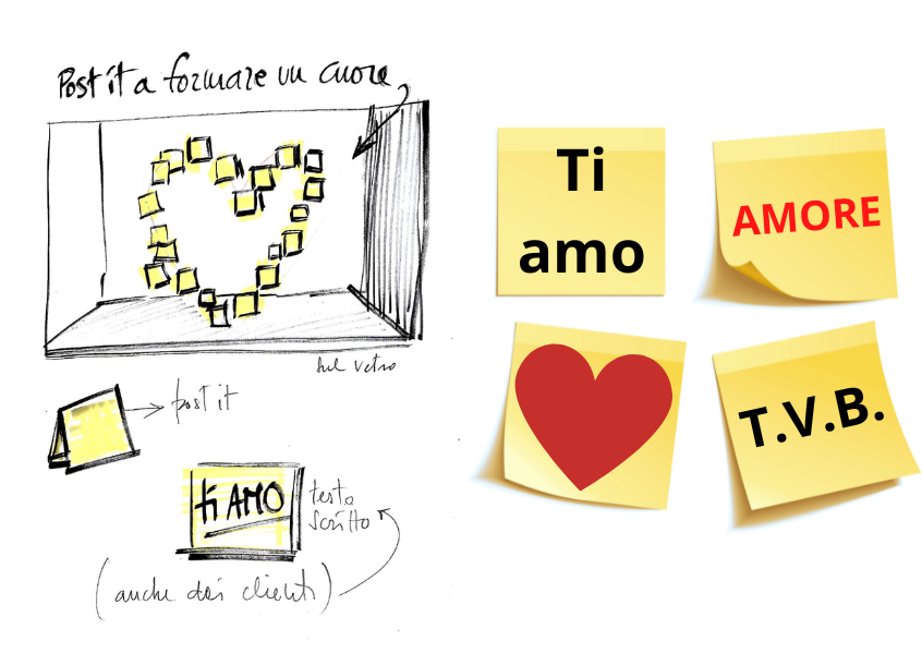 Illustrazione post-it a forma di cuore con scritte d'amore