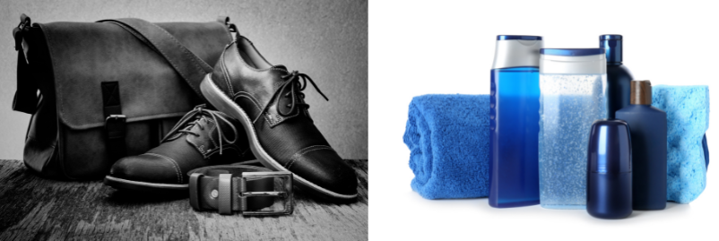 Foto di scarpe con borsa in pelle e di shampoo e bagnoschiuma per uomo