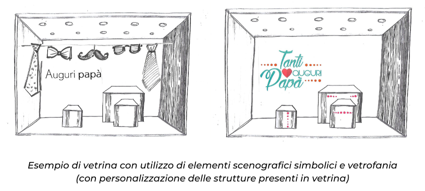 Illustrazione interni di un negozio con scritte Auguri Papà