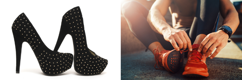 Foto di tacchi a spillo e ragazza che si allaccia le scarpe da ginnastica