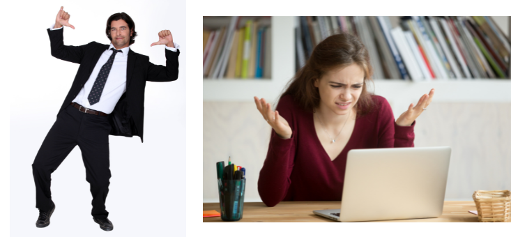 Foto con persona felice e ragazza perplessa davanti al pc