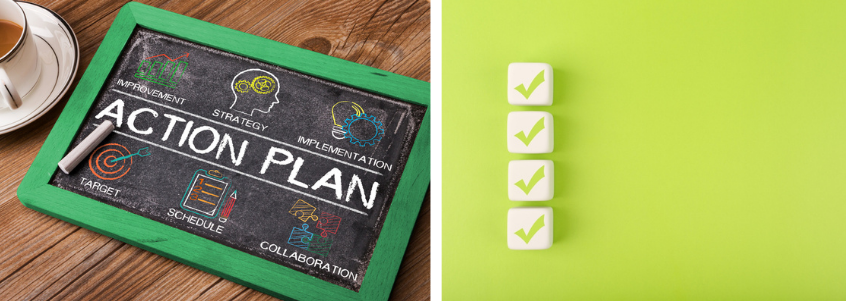 Foto di lavagna con scritto Action Plan