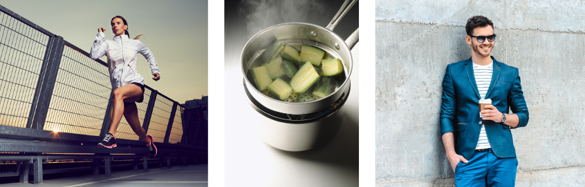 Foto di donna che corre, uomo con giacca e pentola con zucchine