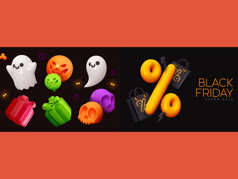 Illustrazione zucche halloween e sconti black friday