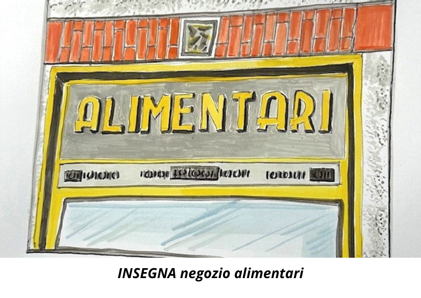 Illustrazione vetrina vecchio alimentari