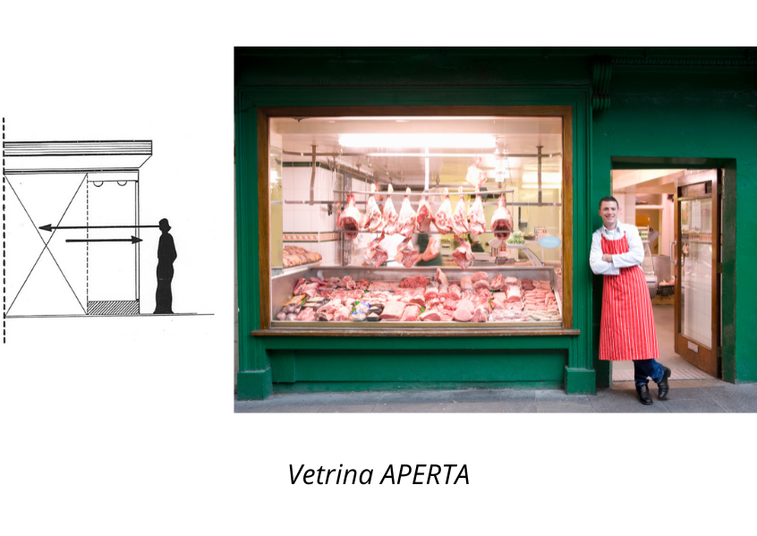 Illustrazione e foto di vetrina aperta