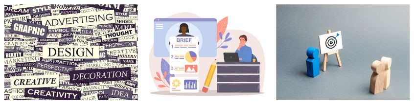 Foto tripla con banner pubblicitari, mirino con freccia e desk