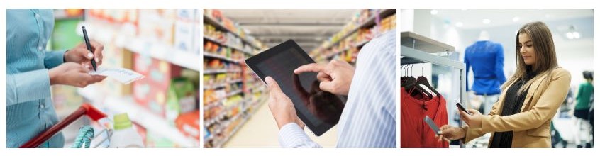 Foto tripla con persone che utilizzano un tablet e donna che usa uno smartphone