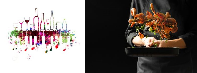 Foto doppia con bottiglia colorata e chef con padella