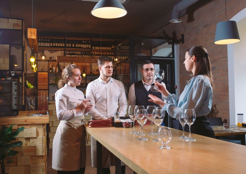 Foto con staff di un'enoteca