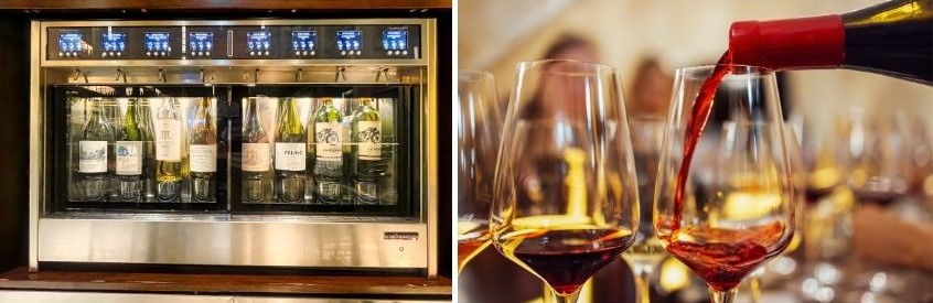 Foto doppia con bottiglie di vino e sommelier