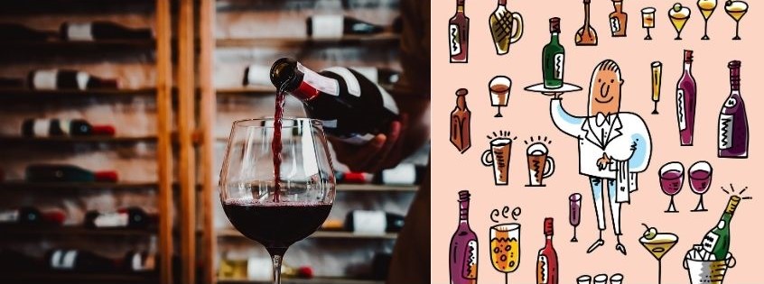 Foto doppia con calice di vino rosso e illustrazione di sommelier