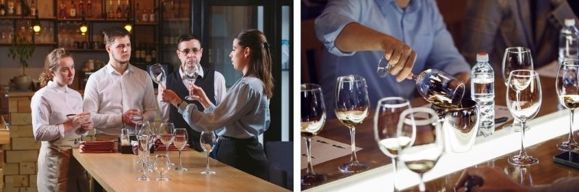 Foto doppia con personale di sala e sommelier che versa il vino