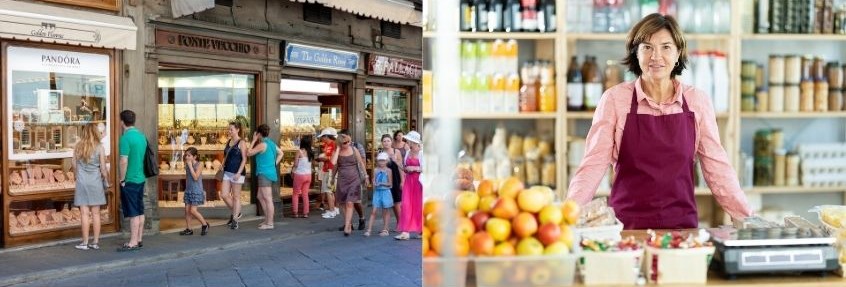Foto di persone fuori da un negozio e commessa all'interno