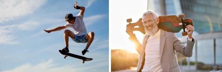 Foto con ragazzo e uomo adulto con skateboard