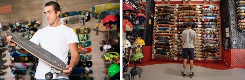 Foto doppia con commesso e cliente in un negozio di skateboard