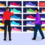 Illustrazione con persone che comprano scarpe sportive