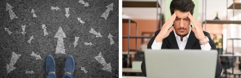 Foto doppia con frecce sull'asfalto e uomo pensieroso