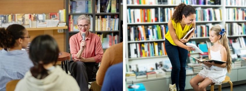 Foto di persone che si riuniscono in libreria per parlare