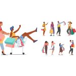 Illustrazione con persone felici di fare shopping