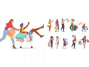 Illustrazione con persone felici di fare shopping
