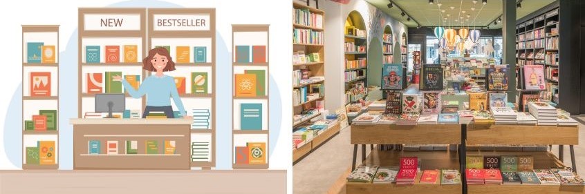 Foto con interno di una libreria e illustrazione colorata