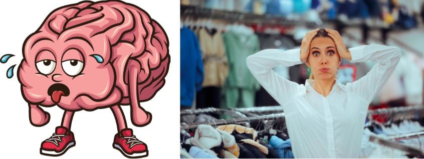 Foto di ragazza con le mani nei capelli e illustrazione di cervello stanco
