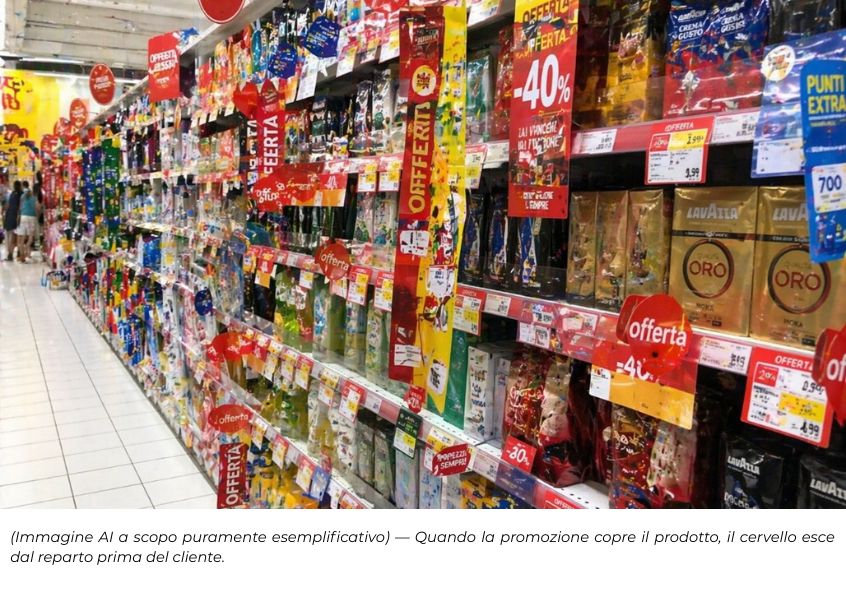 Foto con scaffali pieni di promozioni